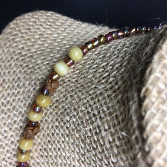 Brown Beige Moonstone Necklace Knotted Cord Seed Bead Gold Retro Boho - Picture 2 of 6